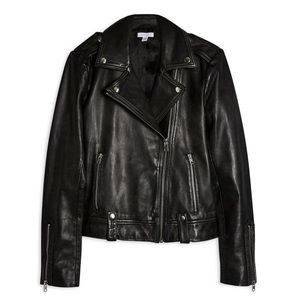 Topshop Mona Genuine Leather Biker Jacket in Black